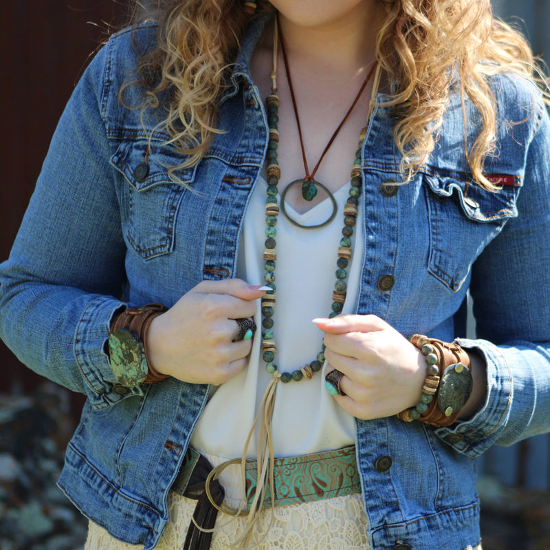 Frosted African Turquoise Necklace Wood Beads Leather Tassel 257z