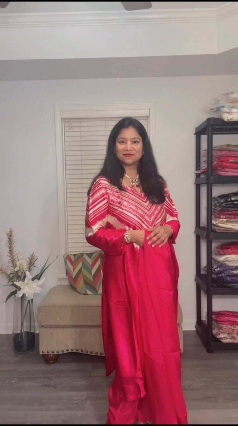 Fuchsia Pink Satin Silk Salwar Suit with Organza Dupatta