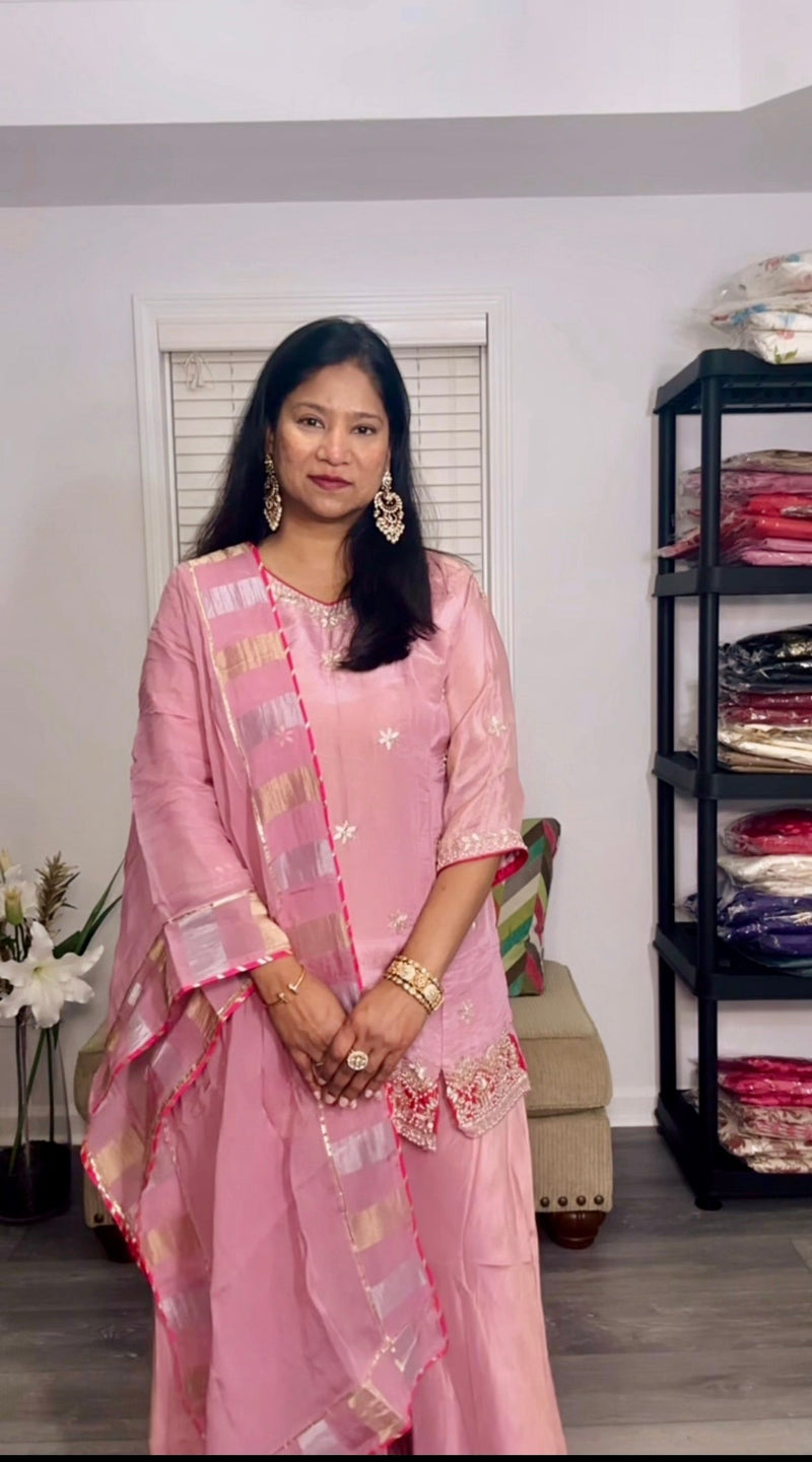 Blush Pink Gota Patti Palazzo Set – Short Kurta with Tissue Dupatta