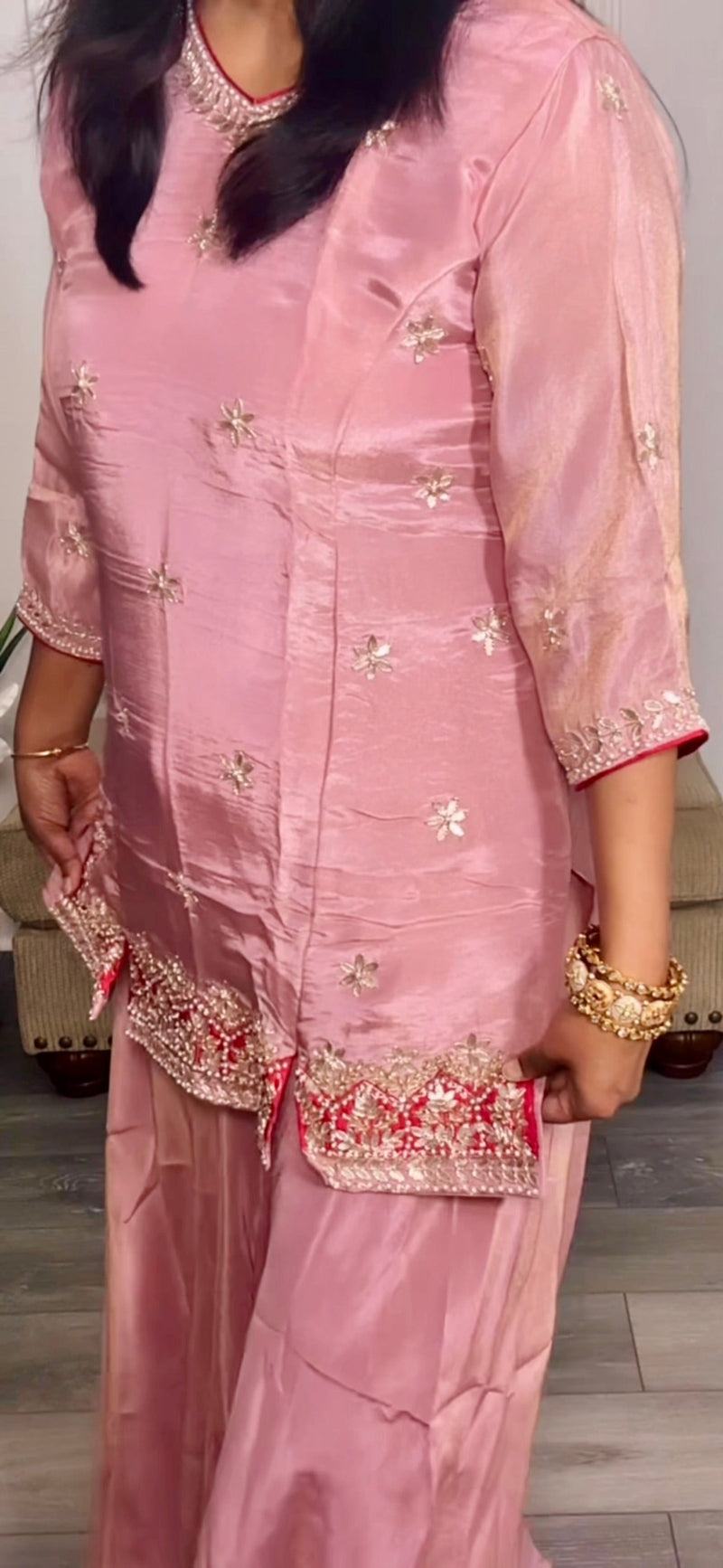 Blush Pink Gota Patti Palazzo Set – Short Kurta with Tissue Dupatta