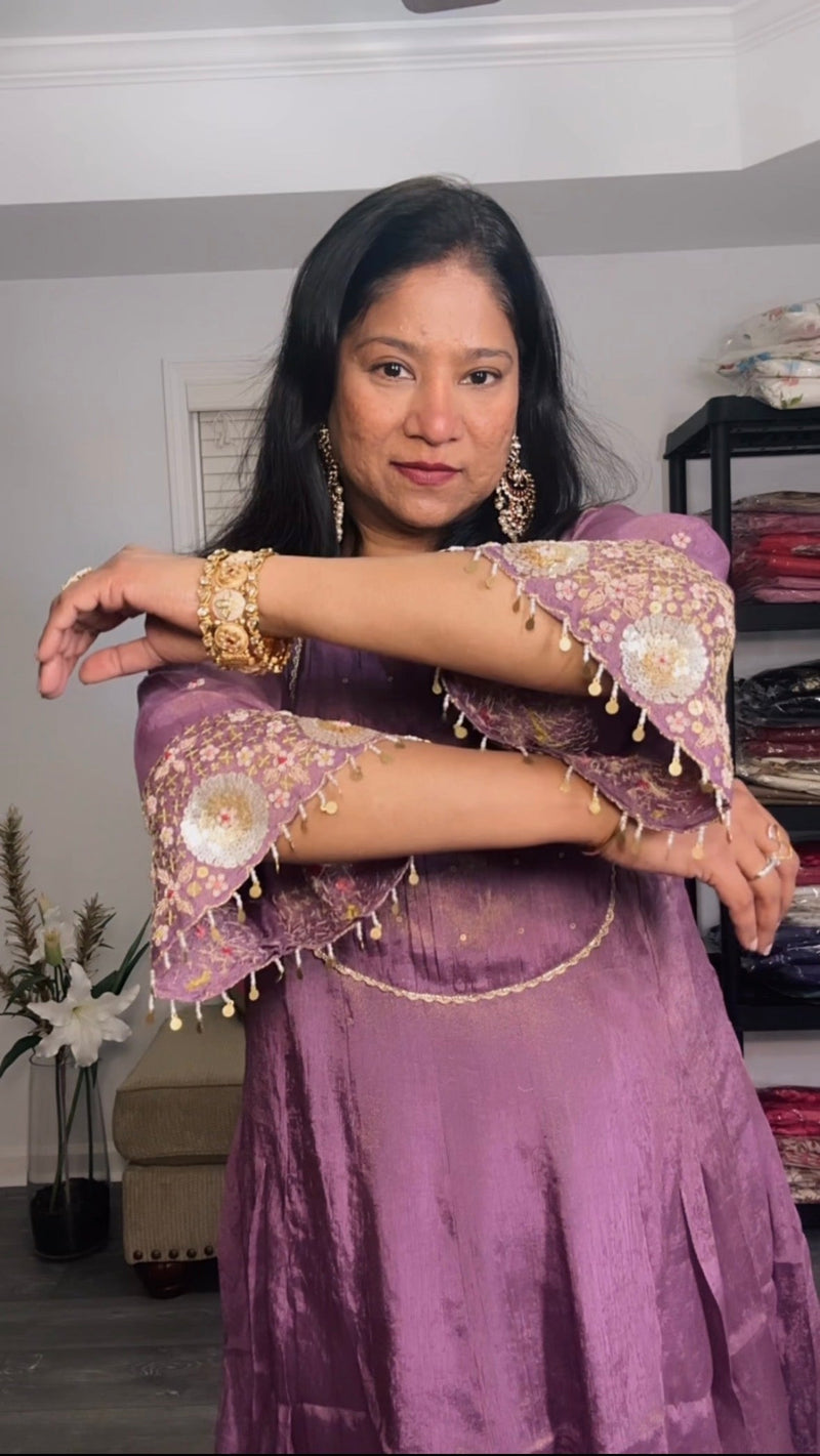 Purple Anarkali in Shimmer Tissue with Sequins Detailing