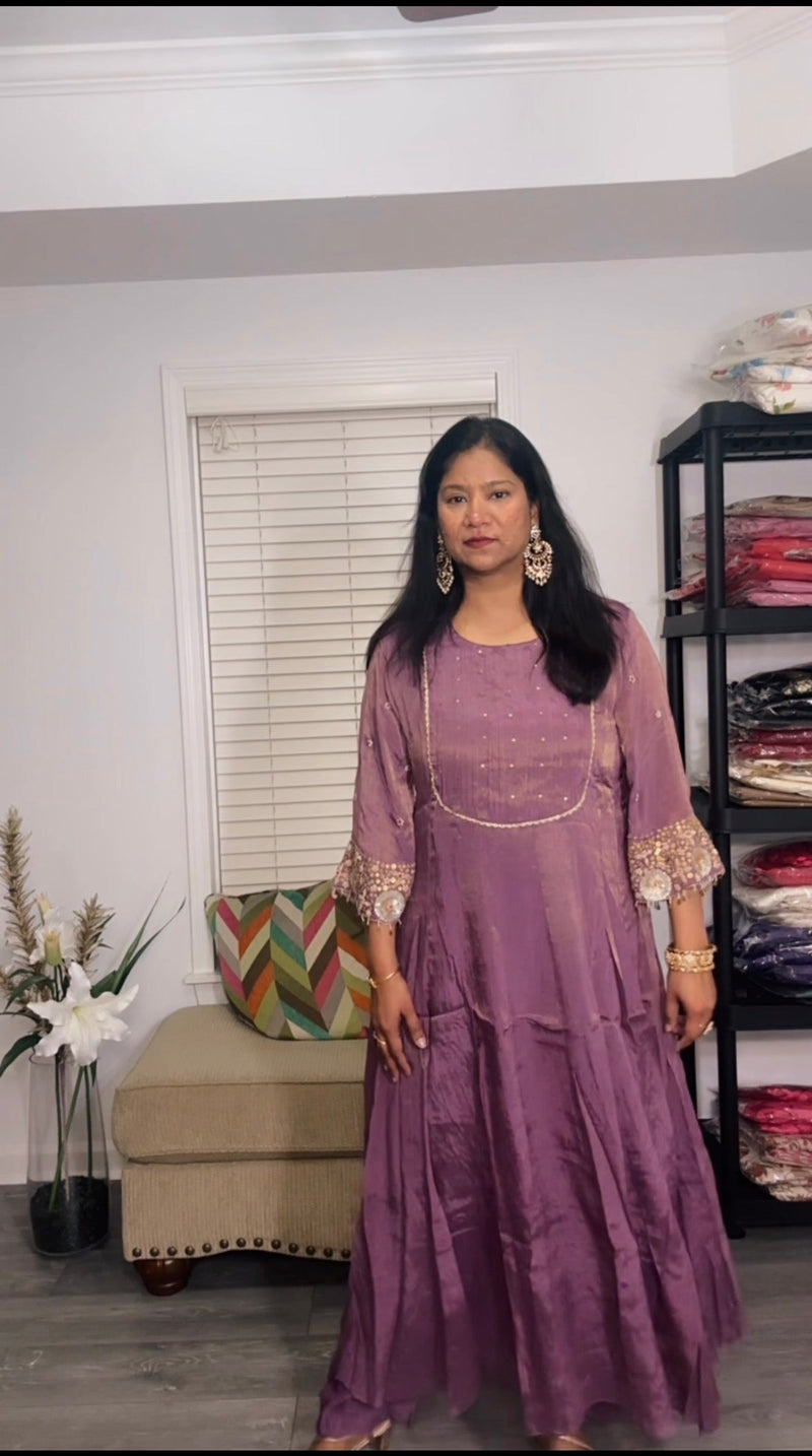 Purple Anarkali in Shimmer Tissue with Sequins Detailing
