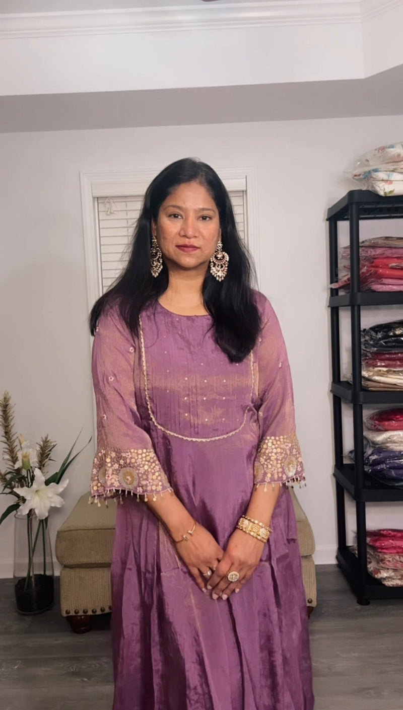 Purple Anarkali in Shimmer Tissue with Sequins Detailing