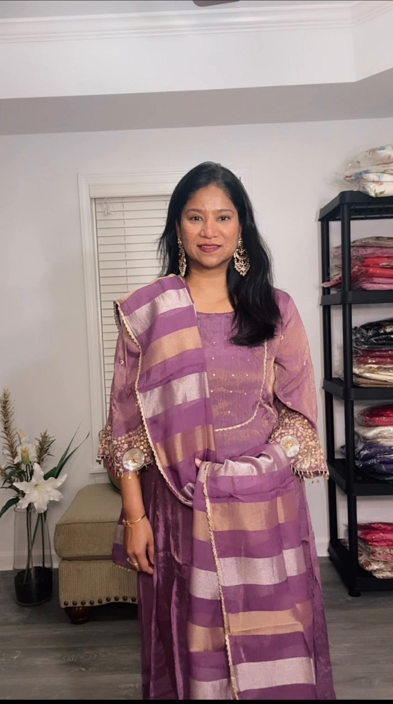 Purple Anarkali in Shimmer Tissue with Sequins Detailing