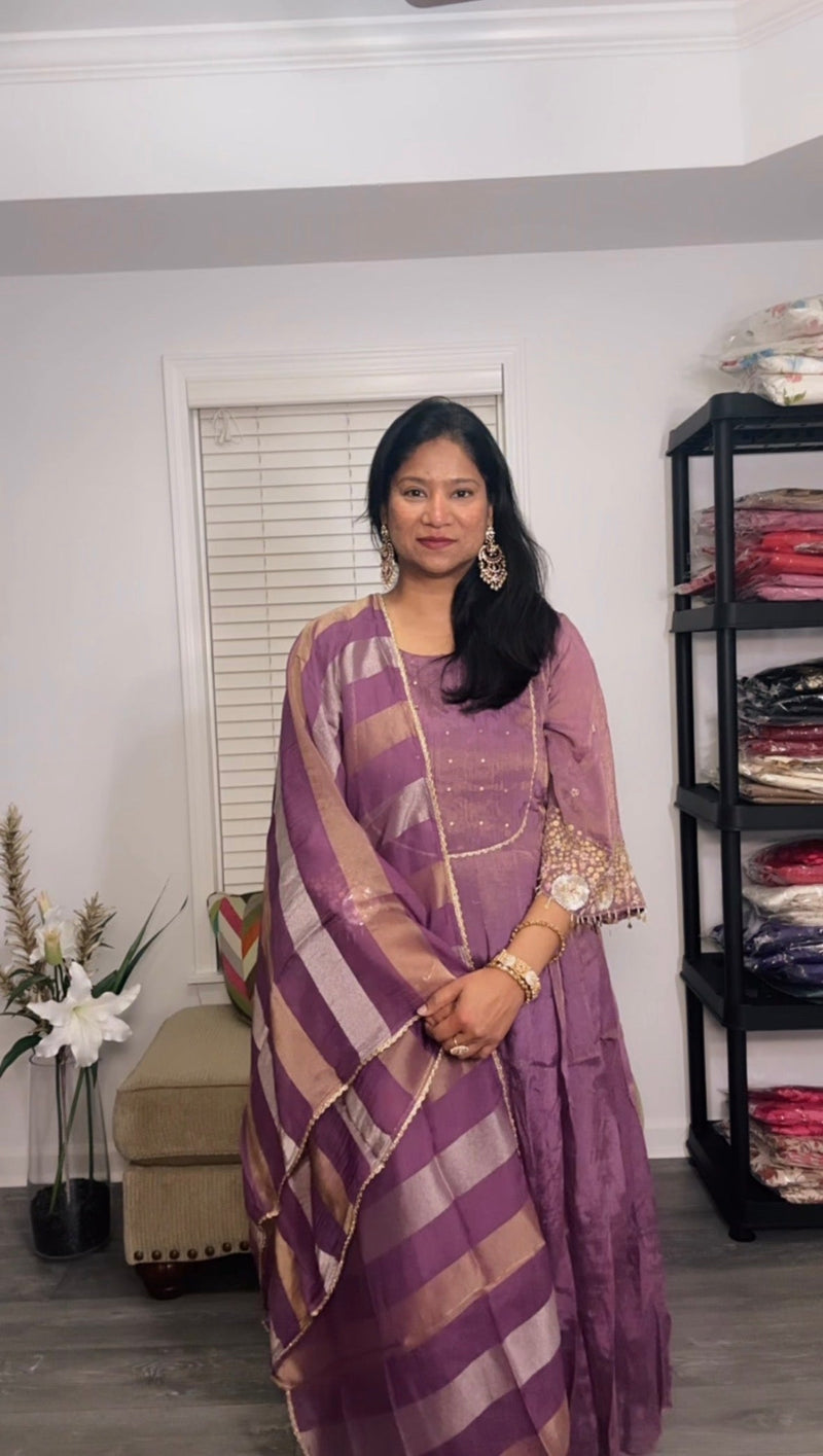 Purple Anarkali in Shimmer Tissue with Sequins Detailing