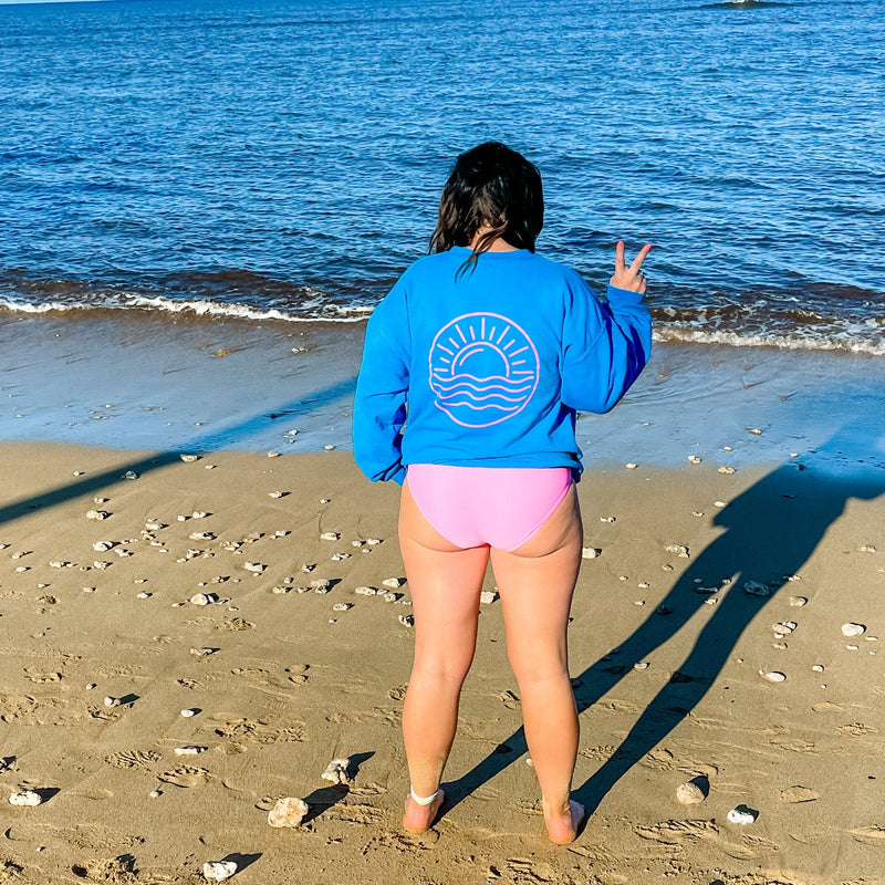 VACAY VIBES - ROYAL BLUE FLEECE - Screen Printed (Ocean Sunset on Back)
