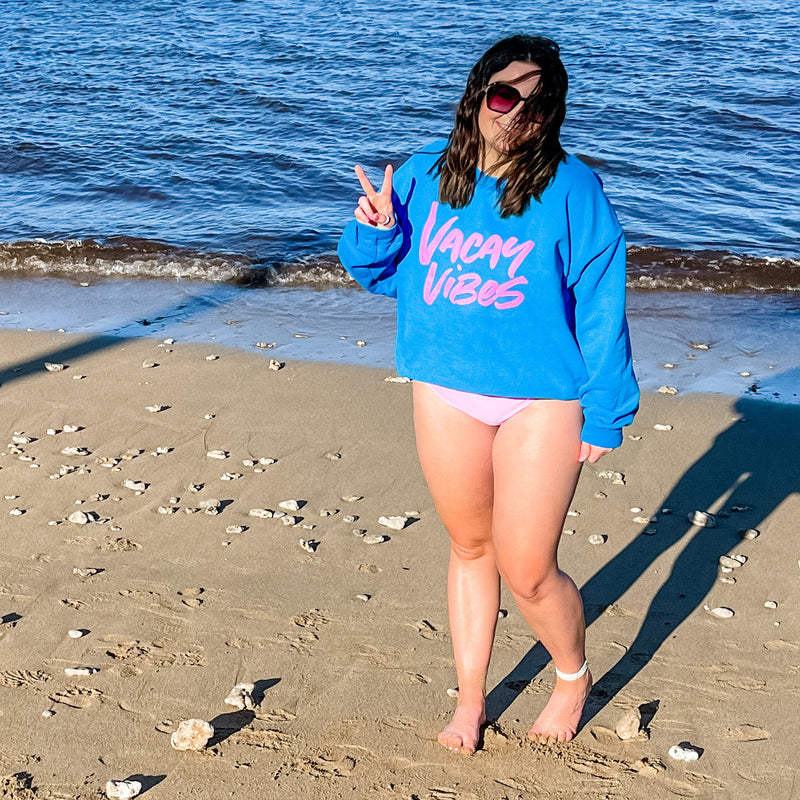 VACAY VIBES - ROYAL BLUE FLEECE - Screen Printed (Ocean Sunset on Back)
