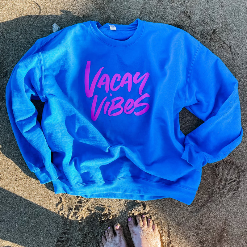 VACAY VIBES - ROYAL BLUE FLEECE - Screen Printed (Ocean Sunset on Back)