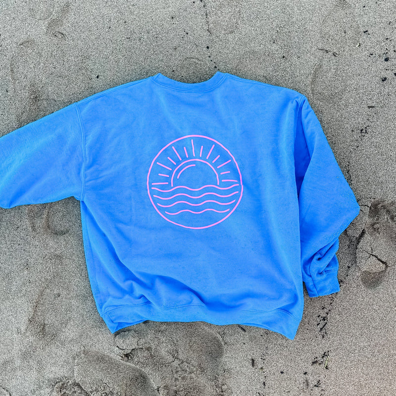 VACAY VIBES - ROYAL BLUE FLEECE - Screen Printed (Ocean Sunset on Back)