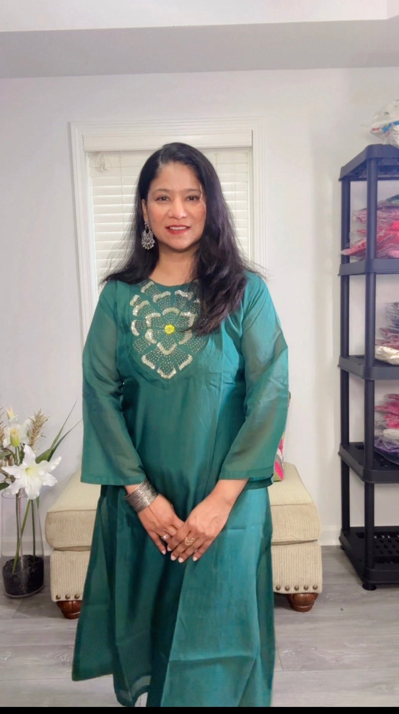 Teal Green Cotton Suit with Sequin Yoke and Dupatta