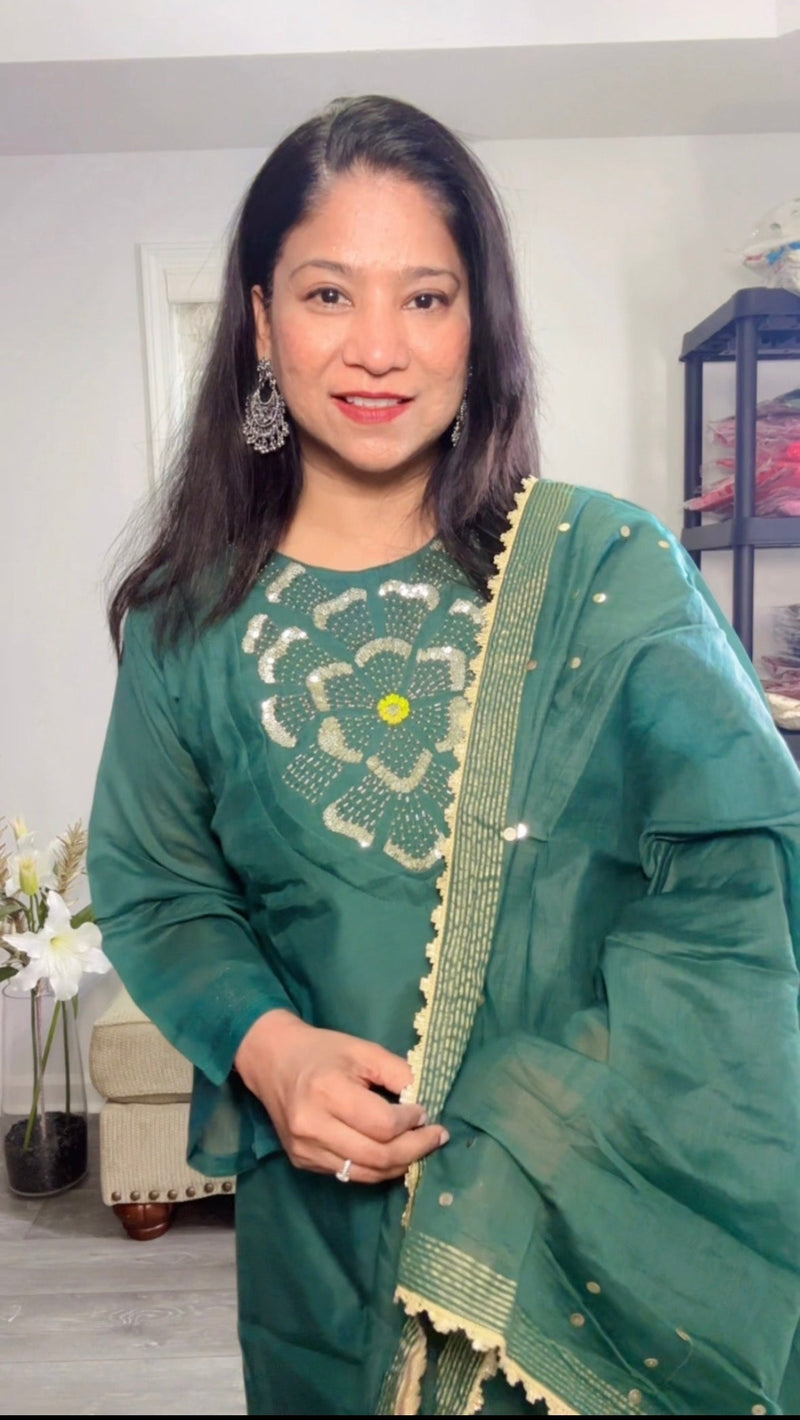 Teal Green Cotton Suit with Sequin Yoke and Dupatta