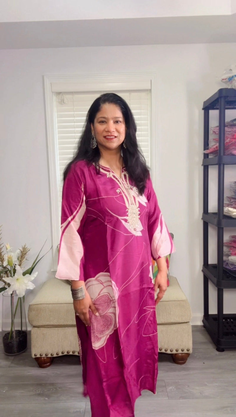 Berry Wine Chinon Silk Suit with Embroidered Yoke and Matching Dupatta
