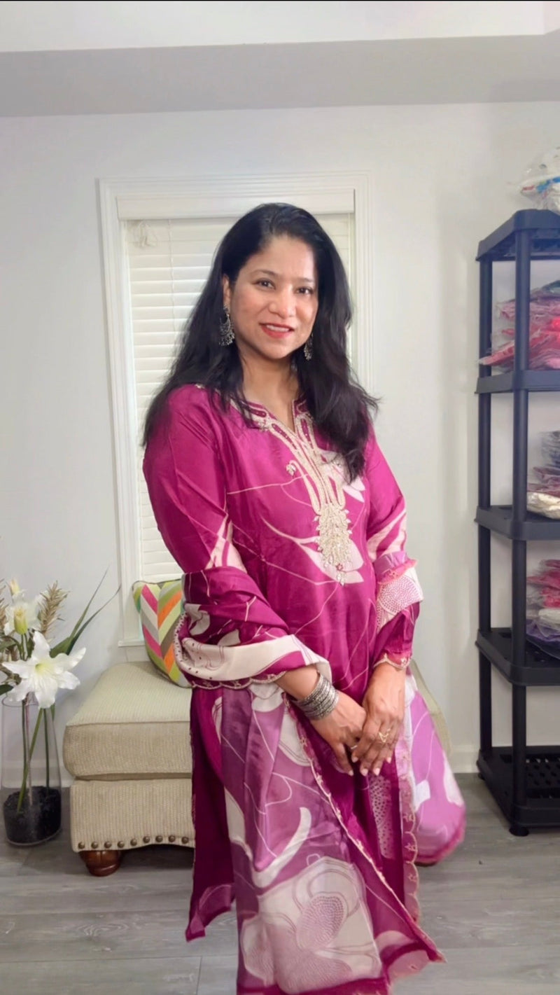 Berry Wine Chinon Silk Suit with Embroidered Yoke and Matching Dupatta