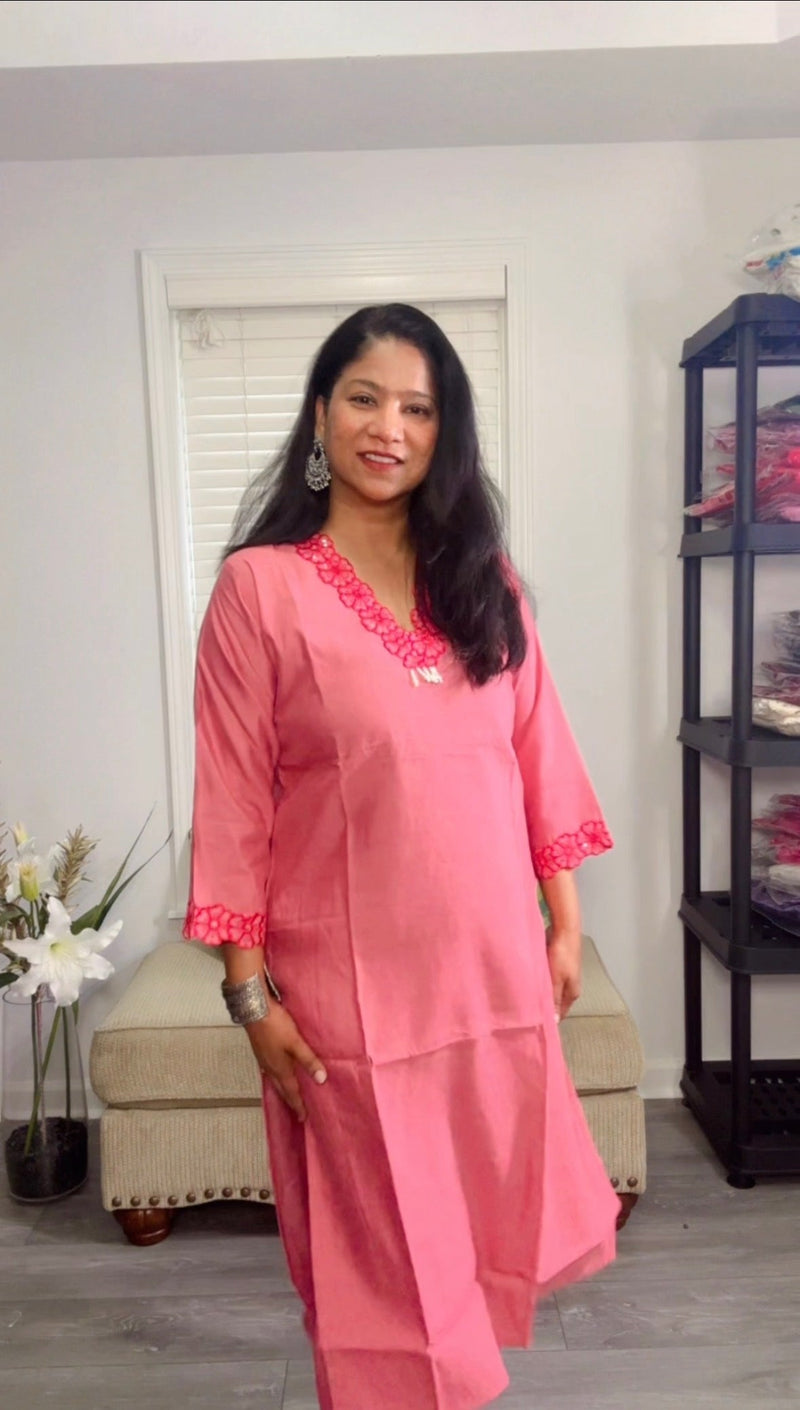 Champagne Pink Cotton Silk Set with Pearl Cutwork Embroidery