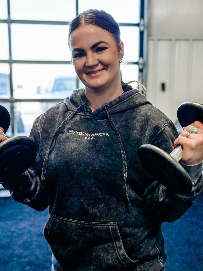 PROGRESS NOT PERFECTION - Embroidered Unisex Mineral Wash HOODIE