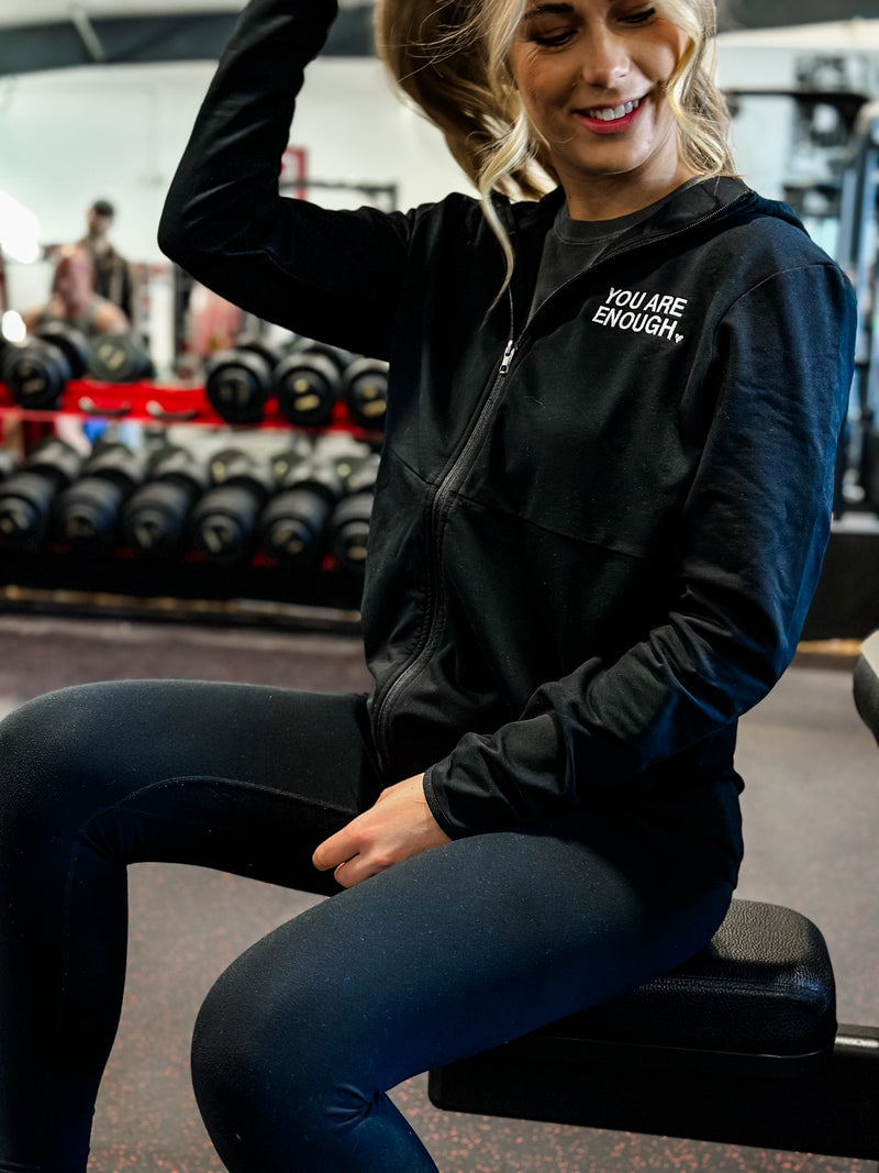 Embroidered Full Zip Performance Hoodie - Black w/ White Thread - You Are Enough