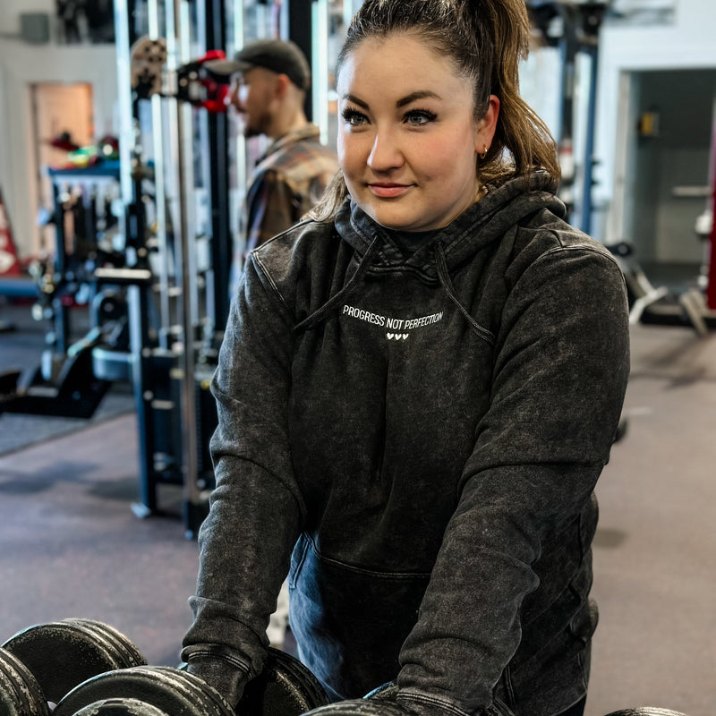 PROGRESS NOT PERFECTION - Embroidered Unisex Mineral Wash HOODIE