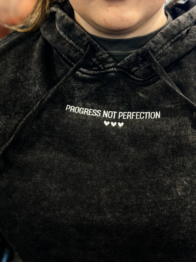 PROGRESS NOT PERFECTION - Embroidered Unisex Mineral Wash HOODIE