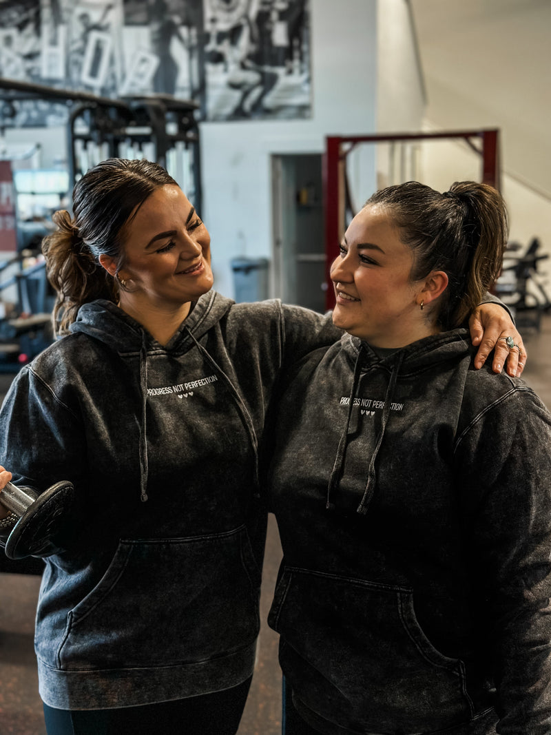 PROGRESS NOT PERFECTION - Embroidered Unisex Mineral Wash HOODIE