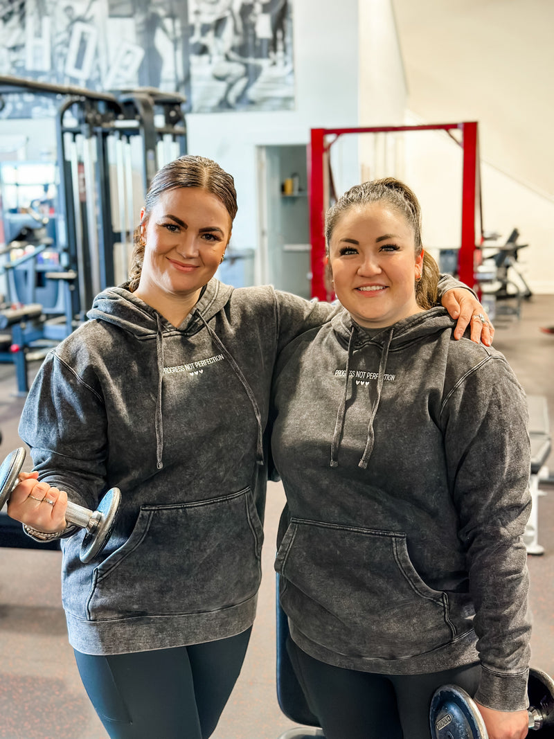 PROGRESS NOT PERFECTION - Embroidered Unisex Mineral Wash HOODIE