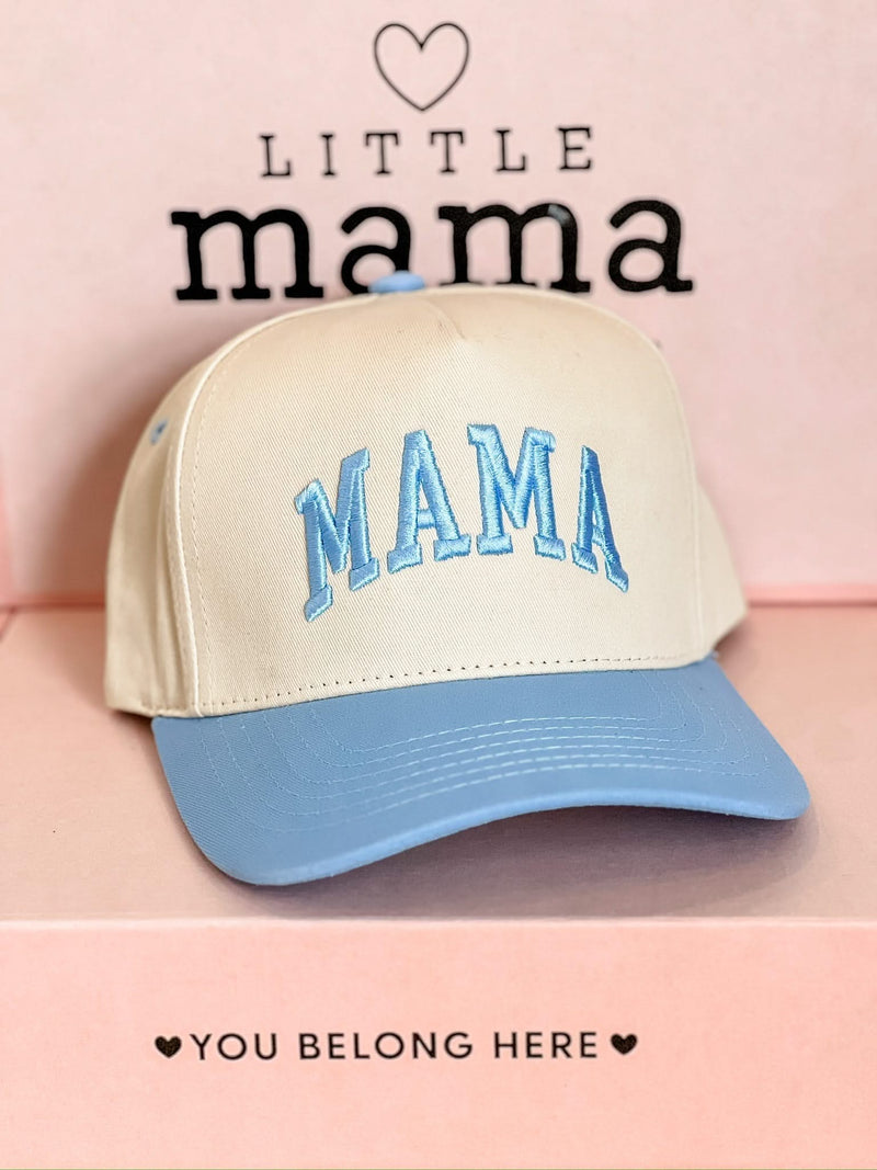 Embroidered Mama Hat | Natural Adjustable Cap with Pink or Blue Bill