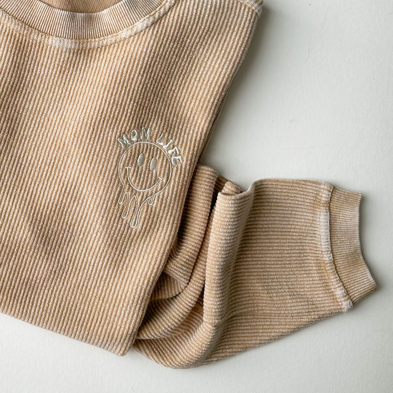 Embroidered CORDED Sweatshirt - Latte - Mom Life - Melting smiley