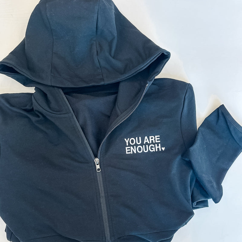 Embroidered Full Zip Performance Hoodie - Black w/ White Thread - You Are Enough