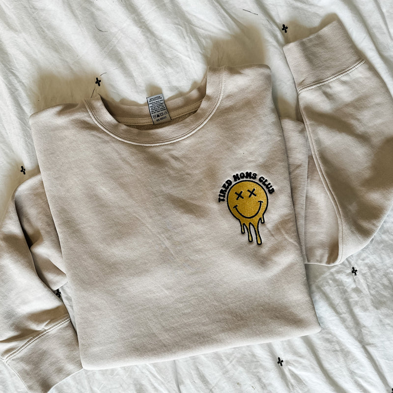 Embroidered Sweatshirt (2 Styles) - Tired Moms Club Melting Smiley