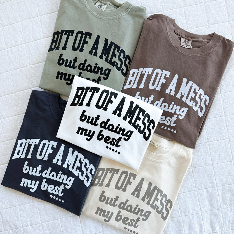 Bit Of A Mess (But Doing My Best / Mama on Sleeve) - Neutrals - LMSS® Exclusive - Comfort Colors Tee