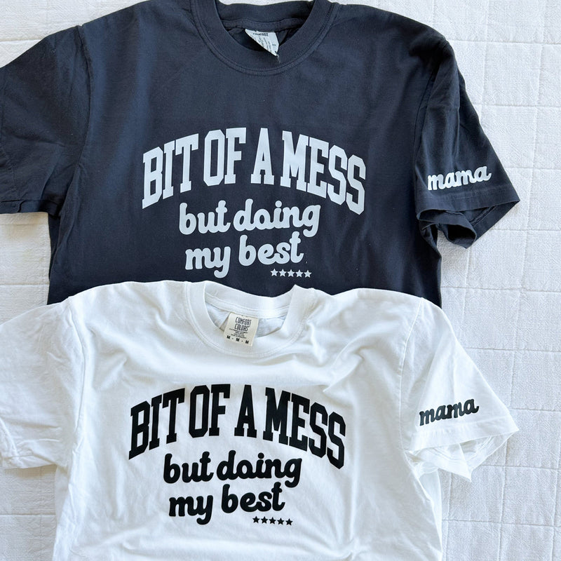 Bit Of A Mess (But Doing My Best / Mama on Sleeve) - Neutrals - LMSS® Exclusive - Comfort Colors Tee