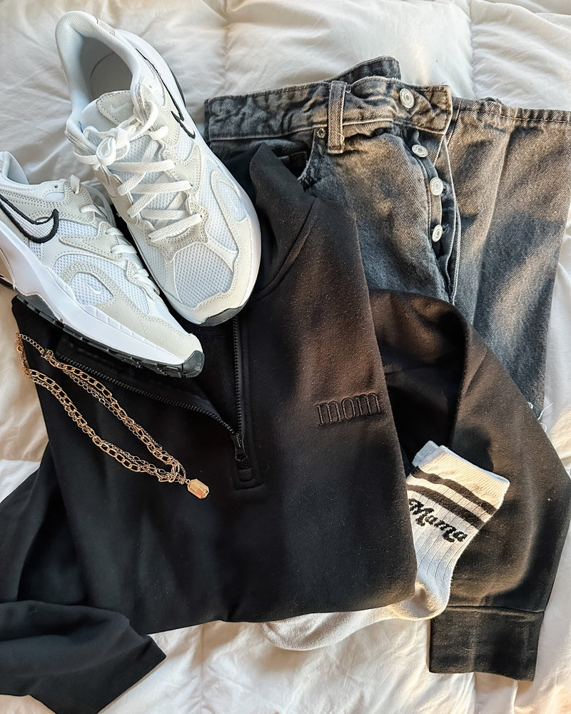 Embroidered Subtle MOM (tone on tone) - Black Quarter Zip Fleece