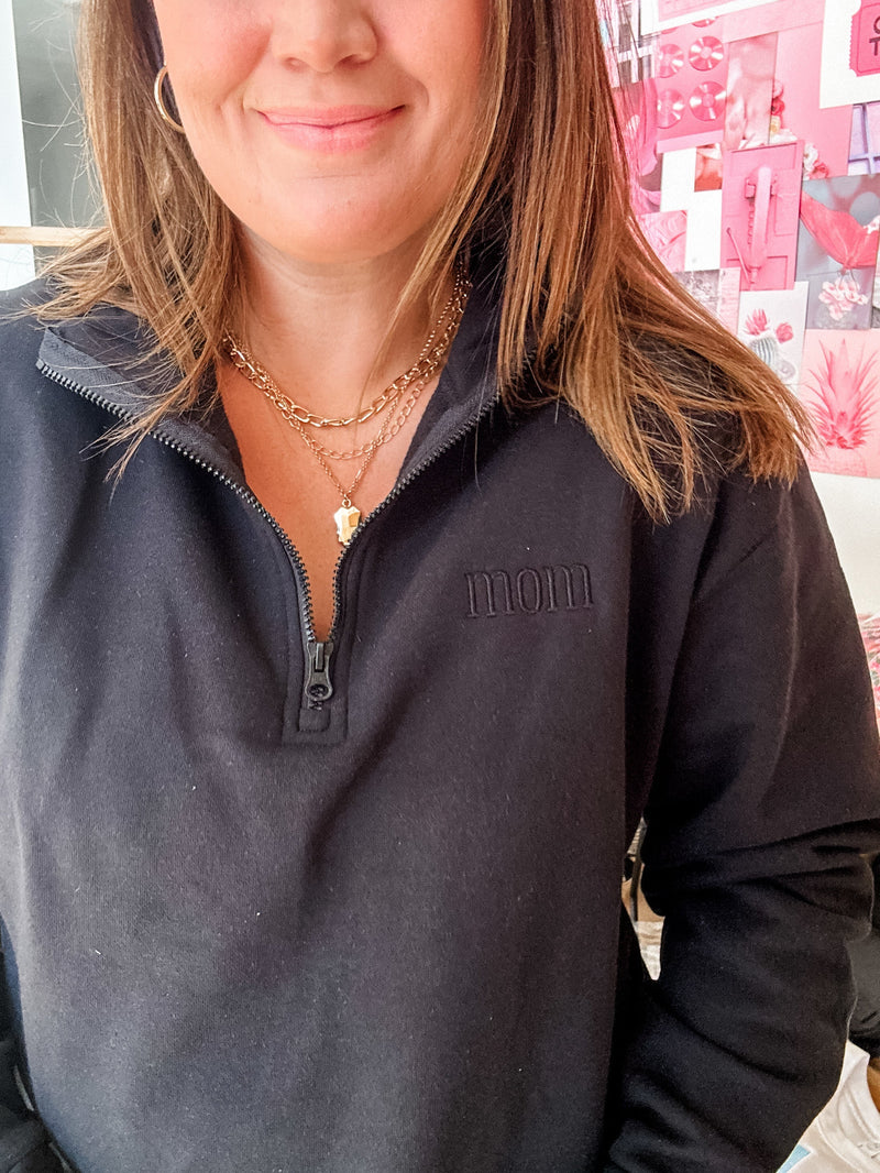 Embroidered Subtle MOM (tone on tone) - Black Quarter Zip Fleece