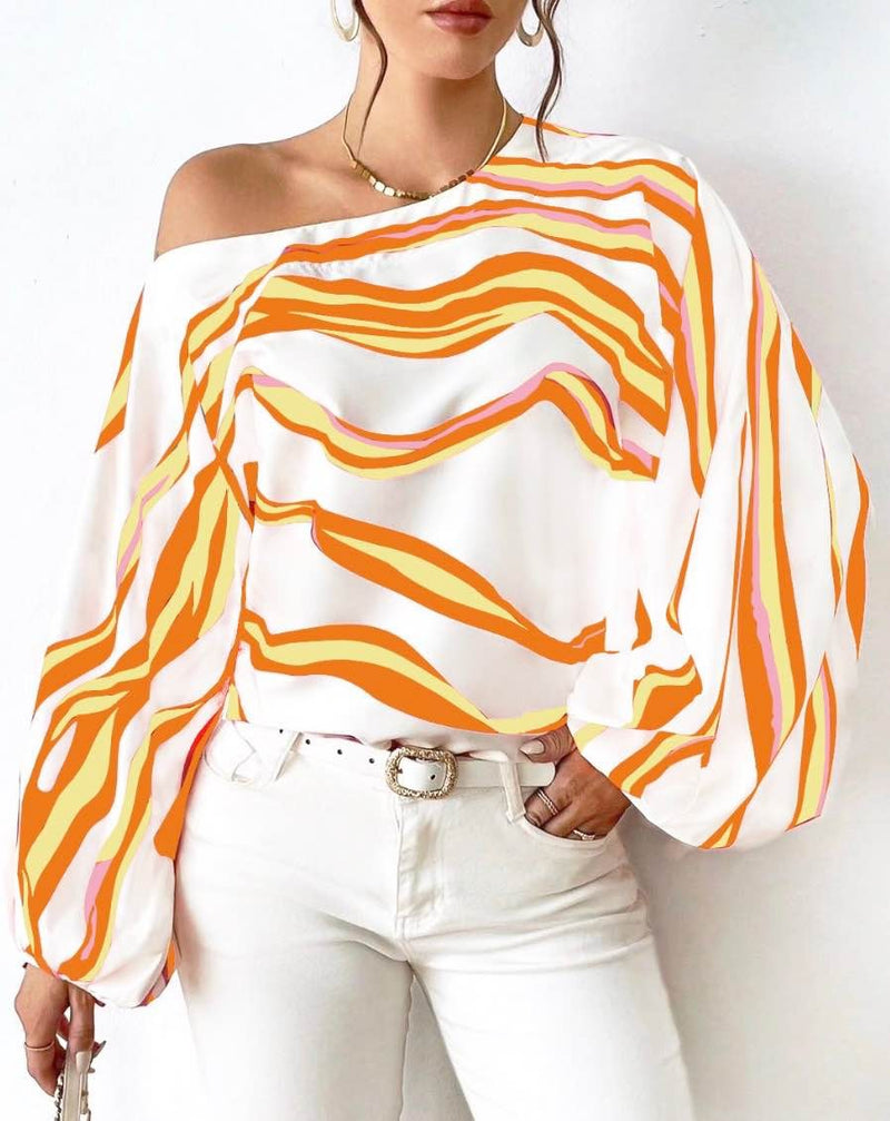 Off-Shoulder Wavy Stripe Short Sleeve Top