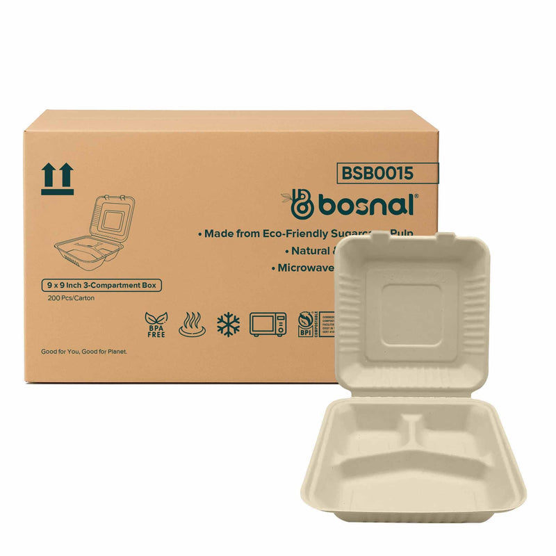 Bosnal - Sugarcane Bagasse Compostable 9 Inch 3-Compartment Clamshell - Case of 8 (200 Pcs)