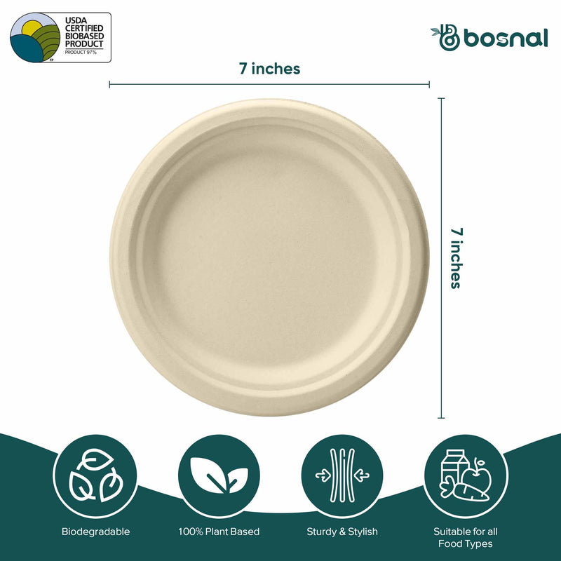 Bosnal - Sugarcane Bagasse Compostable Plates, 7 inch, Round