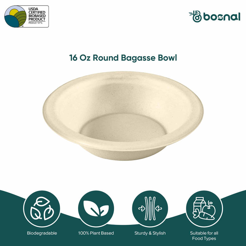 Bosnal - Sugarcane Bagasse Compostable Bowls, 16 Oz, Round