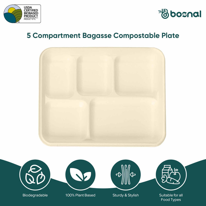 Bosnal - Sugarcane Bagasse Compostable Trays, 10 inch 5-Compartment, Rectangle