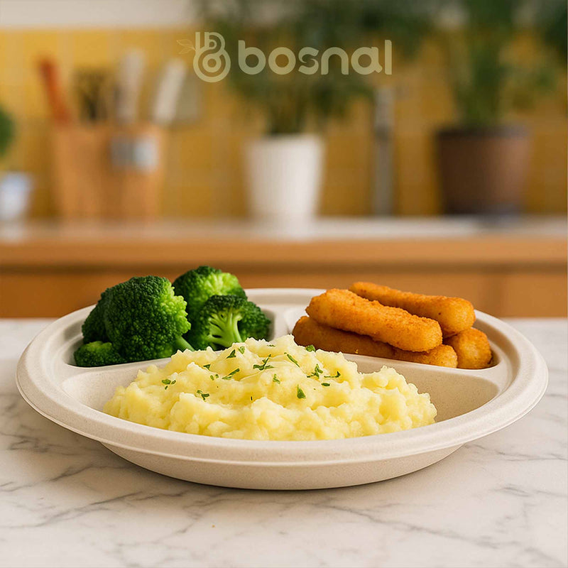 Bosnal - Sugarcane Bagasse Compostable Plates, 10 inch 3-Compartment, Round