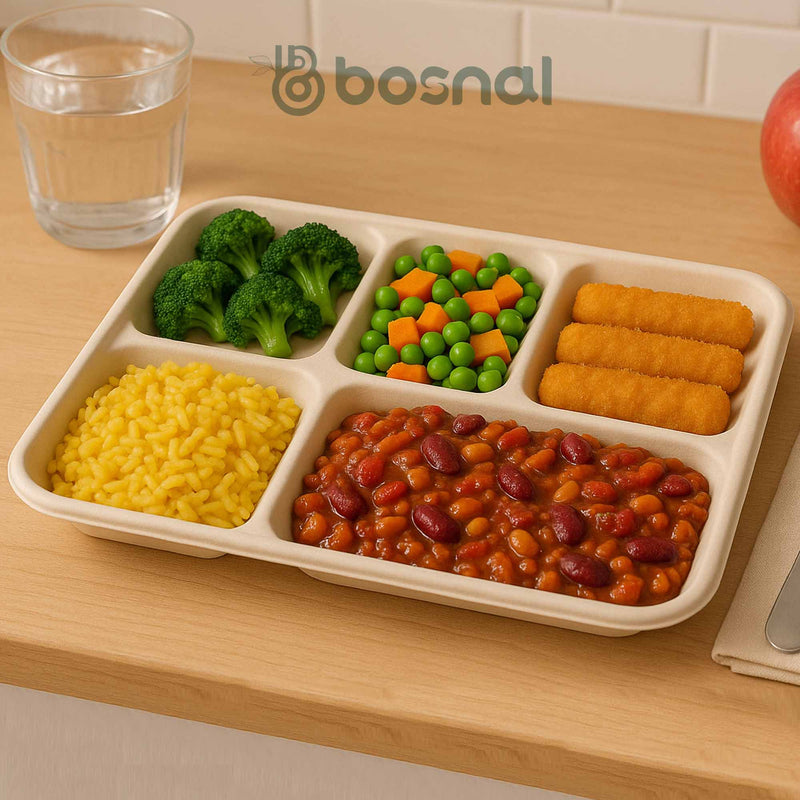 Bosnal - Sugarcane Bagasse Compostable 5-Compartment Food Trays - Case of 16 (400 Pcs)