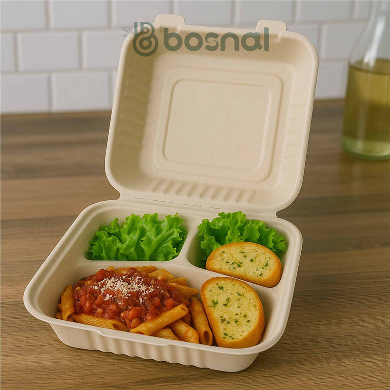 Bosnal - Sugarcane Bagasse Compostable Clamshell Boxes, 9 inch 3-Compartment, Square