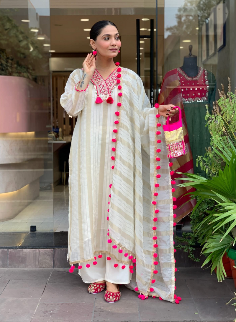 Ivory Tissue Pom Pom Salwar Suit
