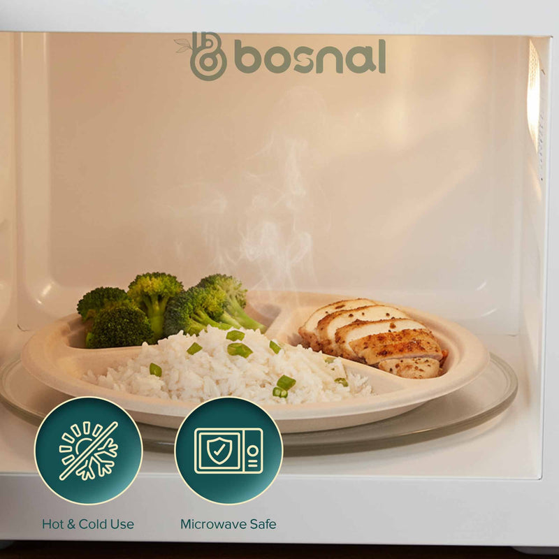 Bosnal - Sugarcane Bagasse Compostable Plates, 10 inch 3-Compartment, Round