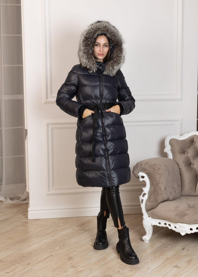 Genuine Silver Fox Fur Trim Down Fill Coat