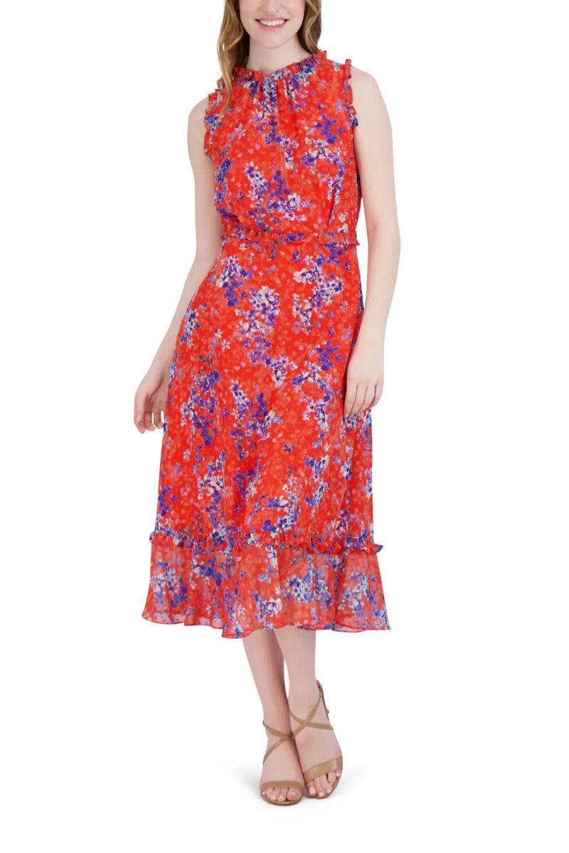 Julia Jordan Ruffle Neck Sleeveless Hem Midi Fire & Flare Back Zipper Dress