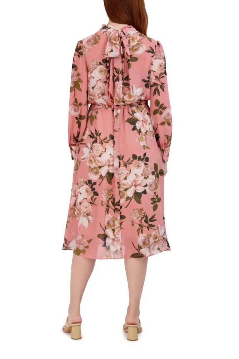 Julia Jordan Ruffle Neck Floral Drawstring Blouson Maxi Midi Back Tie Long Sleeve Dress