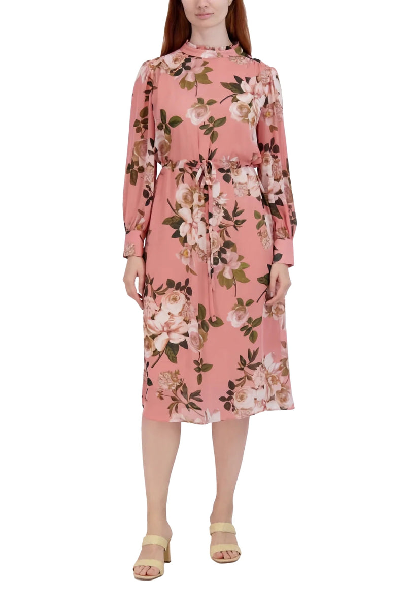 Julia Jordan Ruffle Neck Floral Drawstring Blouson Maxi Midi Back Tie Long Sleeve Dress