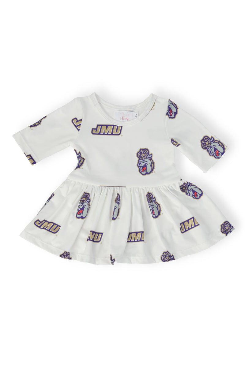 JMU White Duke Dog 3/4 Sleeve Twirl Bodysuit