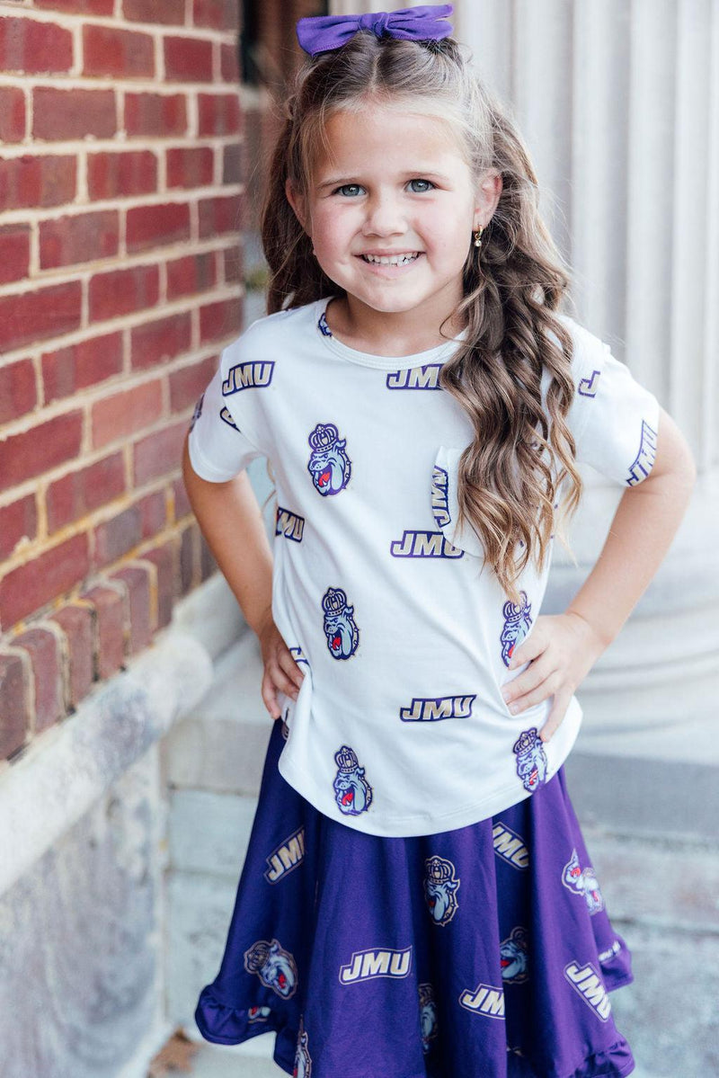 JMU White Duke Dog Ruffle Pocket Tee