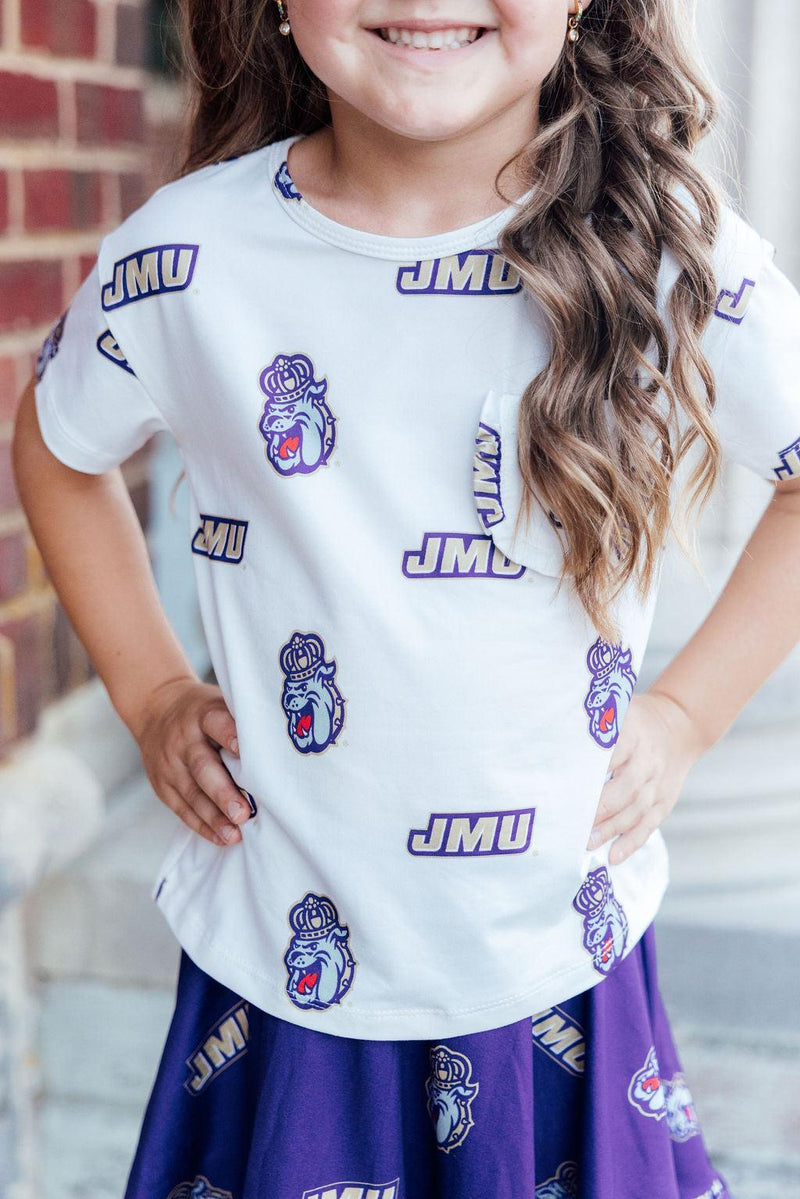 JMU White Duke Dog Ruffle Pocket Tee