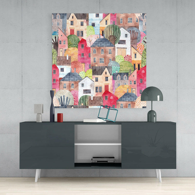 Cute Houses Glass Wall Art